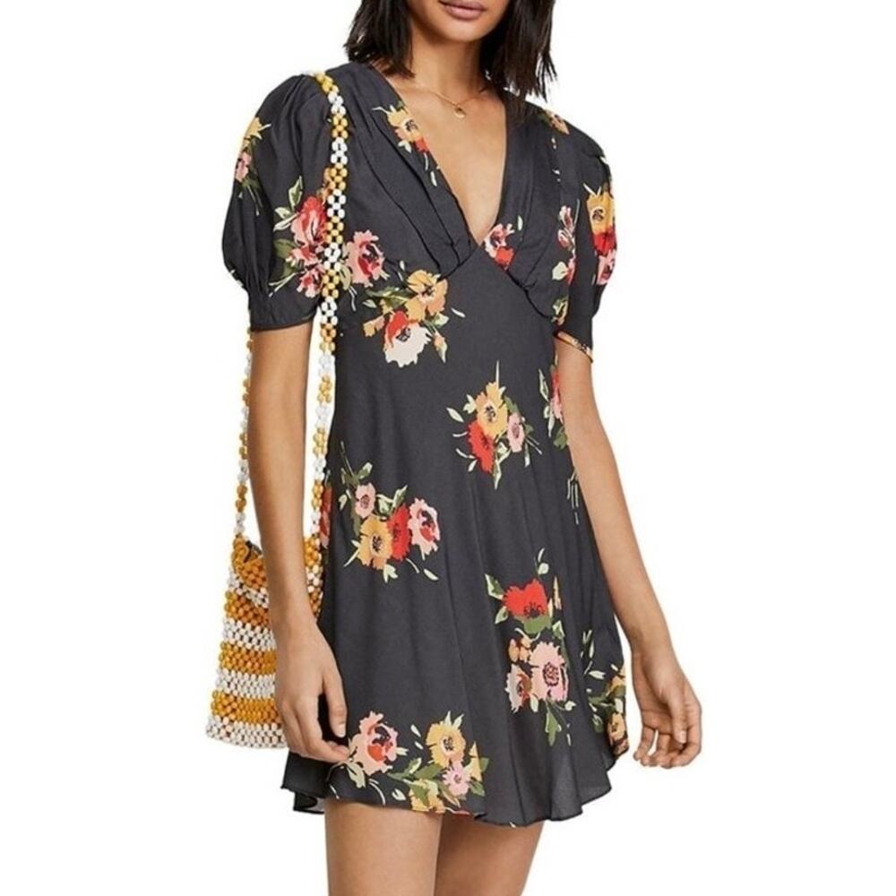 Free People Garden Floral Mini Dress Black Puff Sleeve Mini Dress Size 2